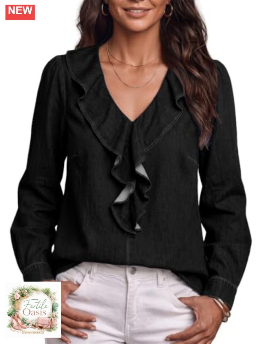 Ruffled Denim Shirt Long Sleeve V Neck Casual Button Down Blouse